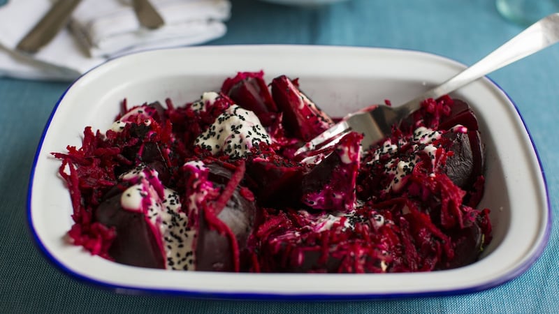 Oven baked beetroot served with garlic, onion seeds and yoghurt. Photograph:  Emma Jervis