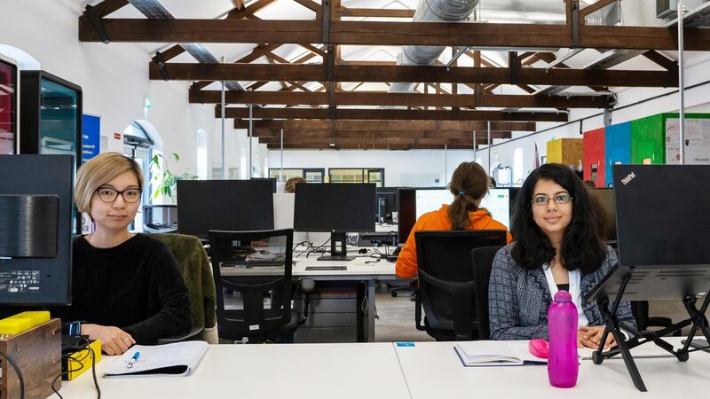 Woon Him Wong (left) and Jaity Pandey, both work for Octiga  at PorterShed co-working and collaborative space in Galway. Photograph: Anthony Shaughnessy.