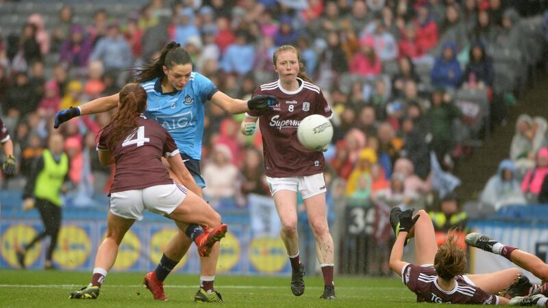 Sinéad Goldrick scores Dublin’s first goal against Galway in the TG4 All-Ireland Ladies Football Senior Championship Final at Croke Park. Photograph:   Dara Mac Dónaill