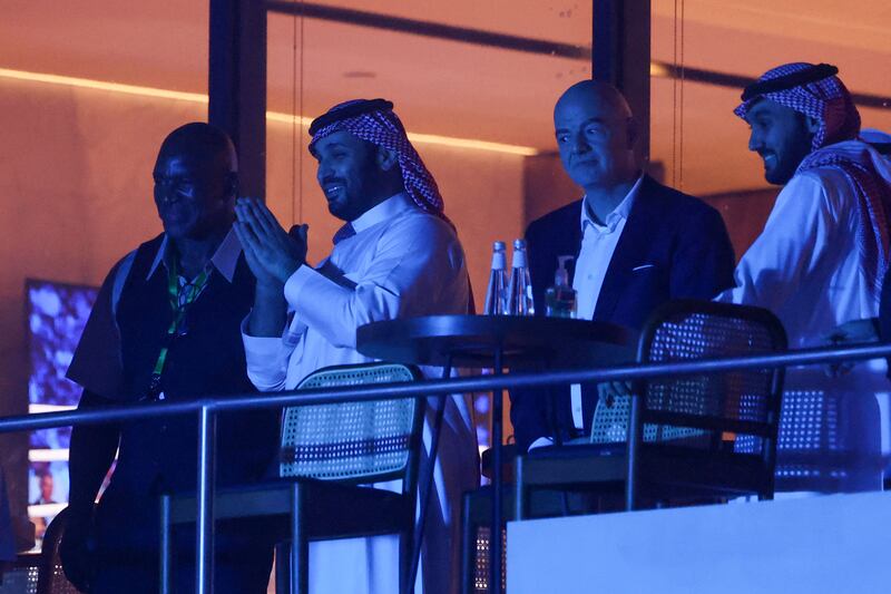 Gianni Infantino (second right), president of Fifa, with Saudi Crown Prince Mohammed bin Salman (second left): the ongoing World Cup in Qatar is as much a geopolitical flashpoint as a football tournament. Photograph: Giuseppe Cacace/AFP/Getty Images