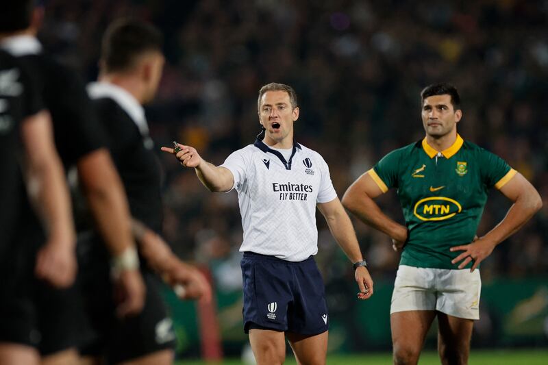 Irish referee Andrew Brace takes control during the Rugby Championship Test match between South Africa and New Zealand in Johannesburg last August. Photograph: Phill Magakoe/AFP via Getty Images
