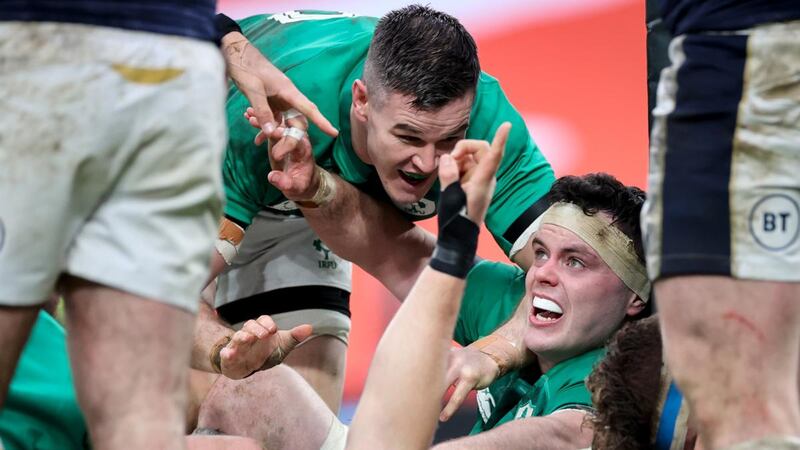 Ireland’s Johnny Sexton and  James Ryan  celebrate after Cian Healy scores a try during the Autumn Nations Cup third-place playoff at the Aviva stadium. Photograph: Gary Carr/Inpho