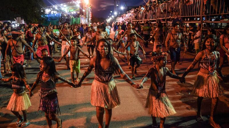 Munduruku indigenous people take part in a parade commemorating the Independence Day, in Itaituba. Photograph: Nelson Almeida/AFP via Getty