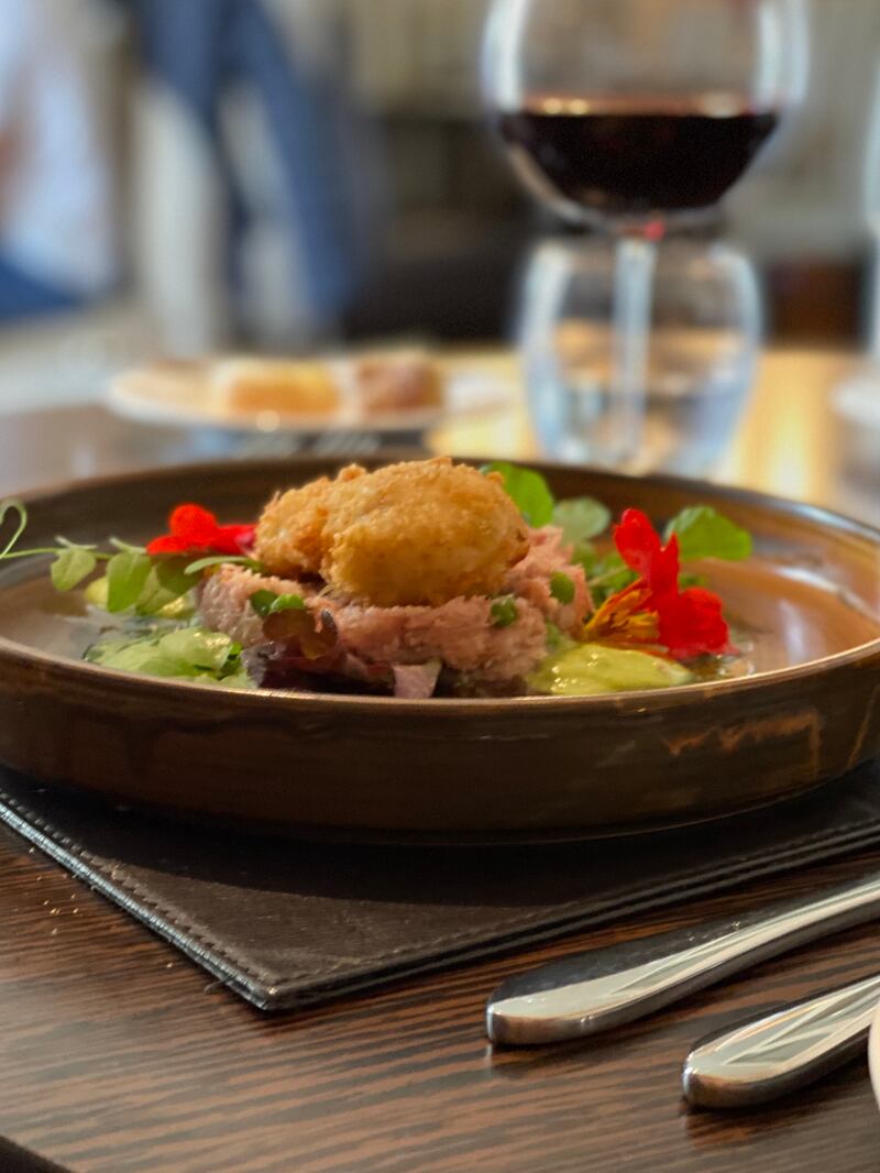 Crispy hen’s egg on shredded gammon, a take on ham and eggs. Photograph: Corinna Hardgrave