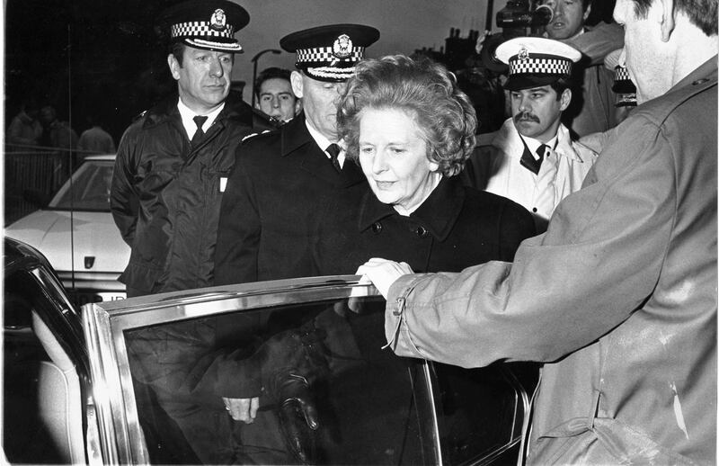 A visibly shaken British prime minister Margaret Thatcher during her visit on December 23rd, 1988 to Lockerbie.  Photograph: Peter Thursfield