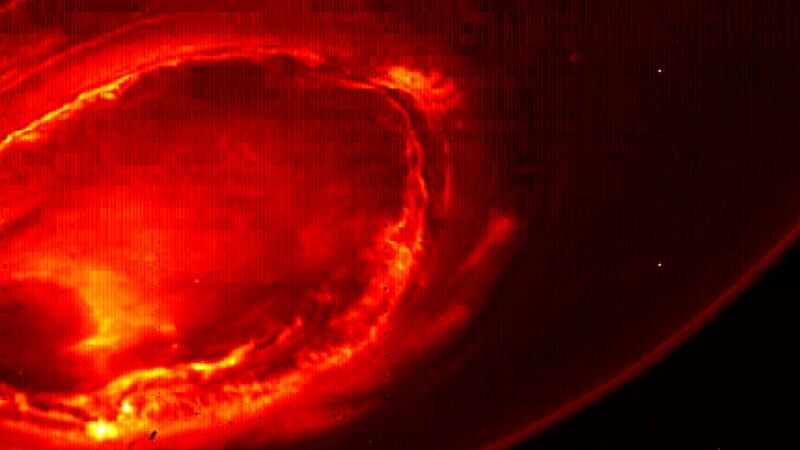 An infrared image provided by Nasa shows the southern aurora of Jupiter, captured by Nasa’s Juno spacecraft. The phenomenon can hardly be seen from Earth due to the position of the two planets. The image is a mosaic of three photographs made as the spacecraft was moving away from the gas giant. Photograph: Nasa/JPL-Caltech/SwRI/MSSS via AP)