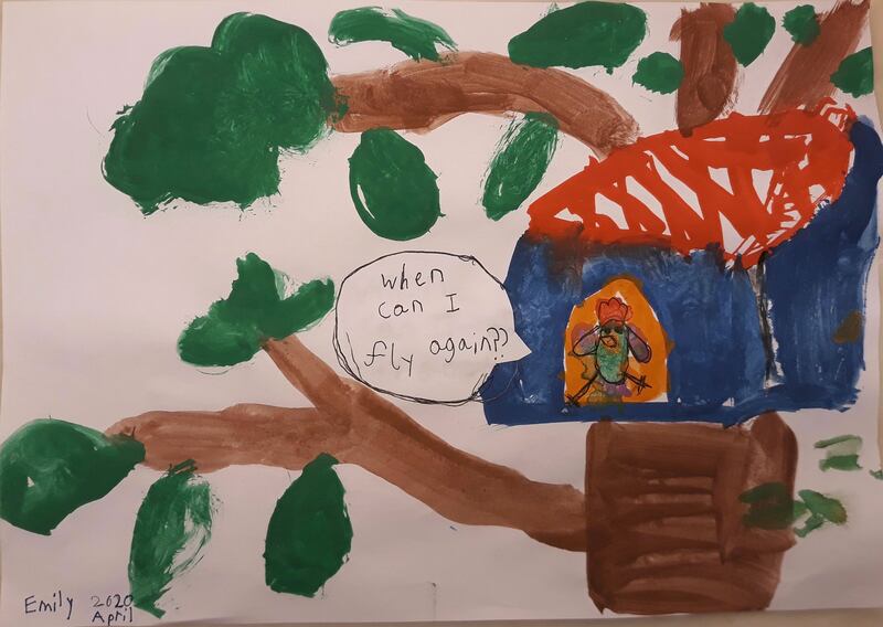 Emily Plunkett, aged 8.
'My painting is about a bird in a birdhouse in a tree who is wondering when she can fly again.'