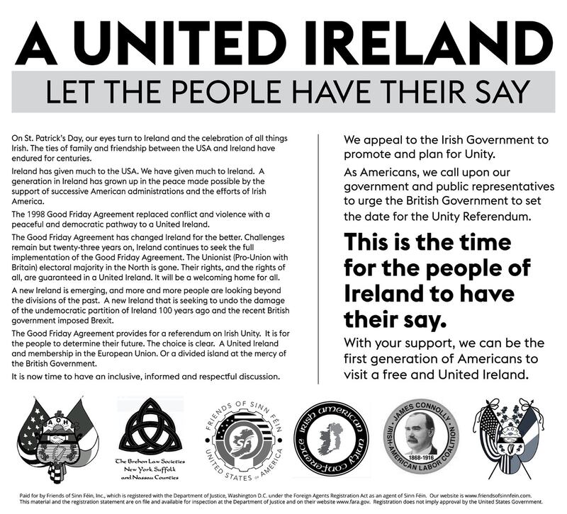 The ad campaign, organised by Friends of Sinn Féin, is supported by a number of Irish-American groups