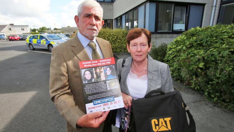 Bernadette and Michael Jacob, parents of missing Deirdre Jacob pictured at Naas Garda Station this morning. Photograph: Colin Keegan.