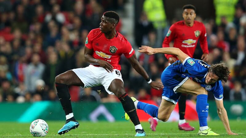 Manchester United’s Paul Pogba aggravated an ankle injury during the Carabao Cup win over Rochdale. Photo: Alex Livesy/Getty Images