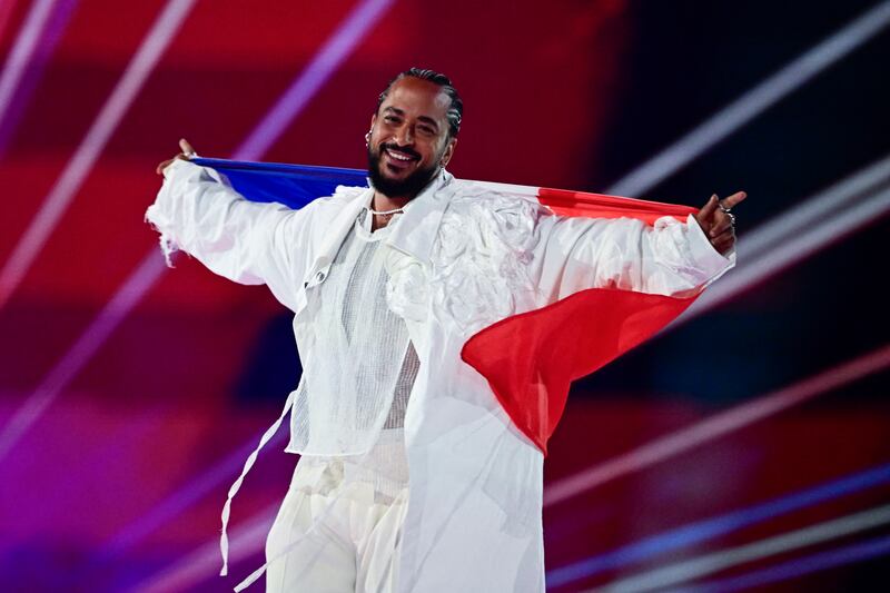 France's Slimane Nebchi poses at the start of the final of the Eurovision Song Contest. Photograph: TOBIAS SCHWARZ/AFP via Getty Images