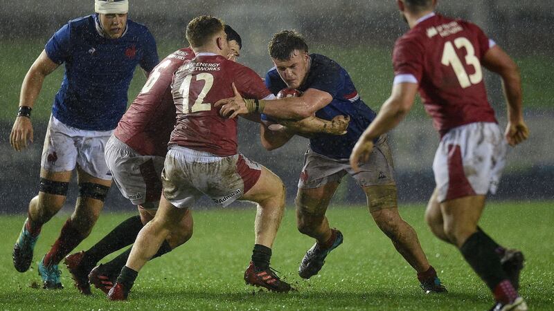 Josh Brennan in action for France against Wales in an  Under-20 Six Nations clash  Eirias Park, Colwyn Bay, north Wales in February  2020. Photograph: Oli Scarff/AFP/Getty Images