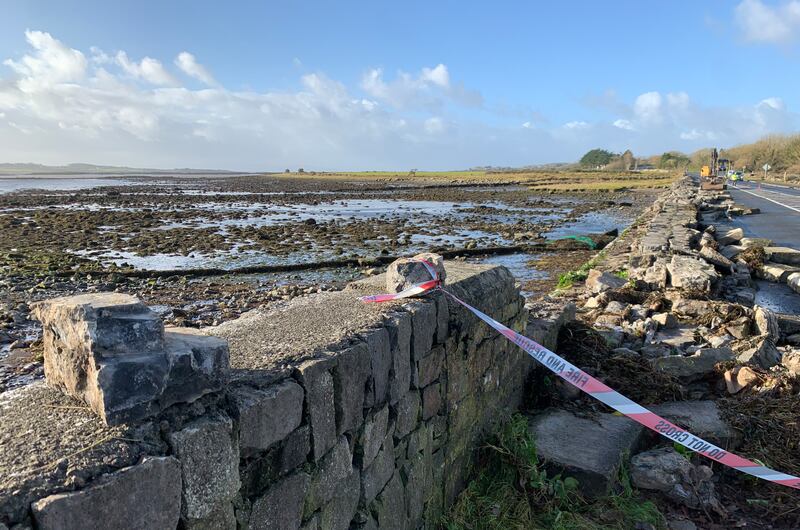 Storm Debi wiped out the sea wall on the Coast Road beside Oranmore train station in Co Galway. Photograph: Ed Carty/PA Wire