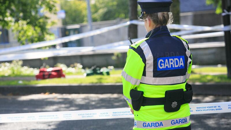 A garda at the scene where a man was shot in the shoulder during a struggle with an off-duty garda in Portobello, Dublin. Photograph: Gareth Chaney/Collins