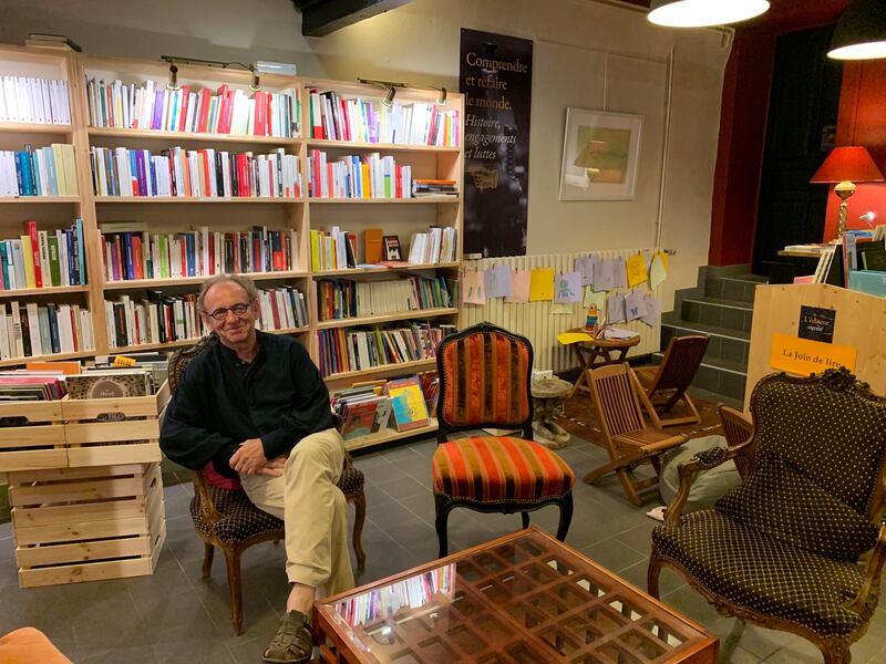 Jean-François Manier, publisher and poet, in his bookshop at L’Arbre vagabond, Le Chambon-sur-Lignon