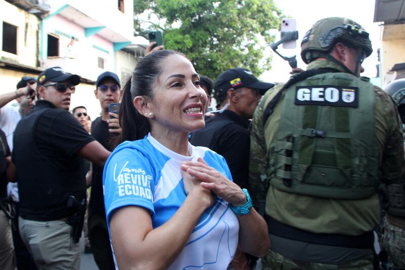 Ecuador's presidential candidate Luisa González on a campaign walk in  Guayaquil. Photograph: Gerardo Menoscal/AFP via Getty Images         
