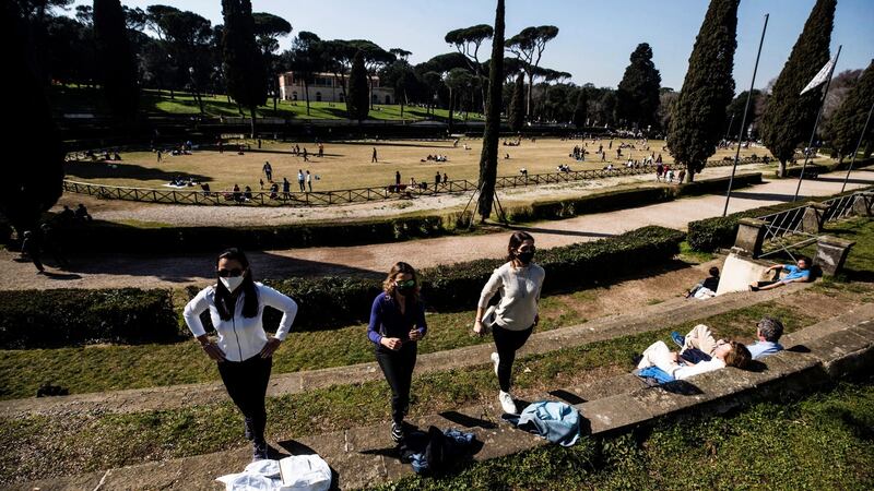 People take exercise in the Villa Borghese park, in Rome, Italy, as  Covid-19 restrictions continue. Photograph: Angelo Carconi/EPA