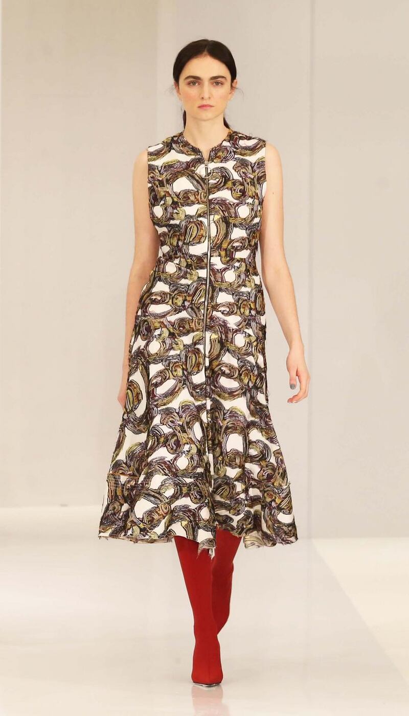 NO REPRO FEE 16/01/2018 Brown Thomas Spring Summer 2018. Pictured in Brown Thomas on Grafton Street today, Maria shows the latest look from Roksanda on the catwalk. Photograph: Leon Farrell / Photocall IrelandA Roksanda print worn with red sock boots