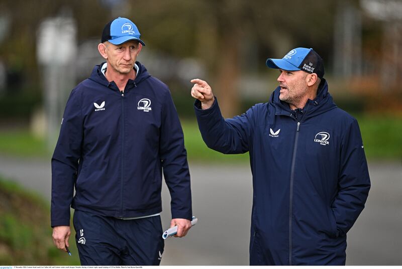 Leo Cullen gets a pointer from Jacques Nienaber during a Leinster training session. Photograph: Sam Barnes/Sportsfile 