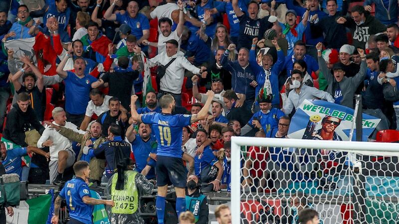Bonucci celebrates scoring his side’s equaliser. Photo: Christian Charisius/PA Wire via DPA