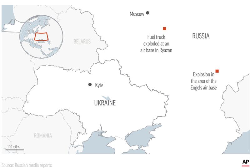 Explosions rocked two air bases in Russia on Monday. Graphic: AP
