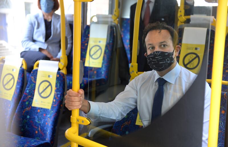 Leo Varadkar at the launch of a campaign for face coverings on national transport during the Covid-19 pandemic in 2020. Photograph: Dara Mac Dónaill