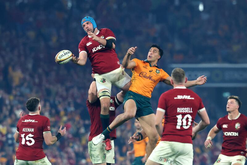 Tadhg Beirne and Australia's Joseph-Aukuso Suaalii compete in the air. Photograph: David Gray/AFP via Getty Images