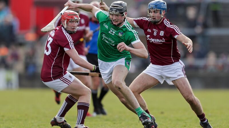 Limerick’s Kyle Hayes in action against Galway’s Conor Whelan and Johnny Coen. Limerick have big athletic players in their half back and half forward line capable of putting enormous pressure on Galway.  Photograph: Laszlo Geczo/Inpho