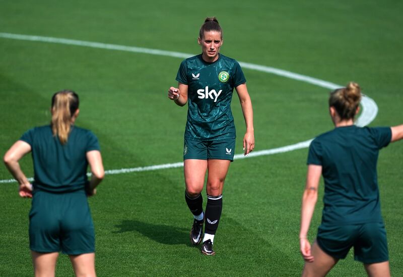 Ireland's Chloe Mustaki (centre) during a training session at the Tallaght Stadium, Dublin. Photograph: Brian Lawless/PA Wire.

