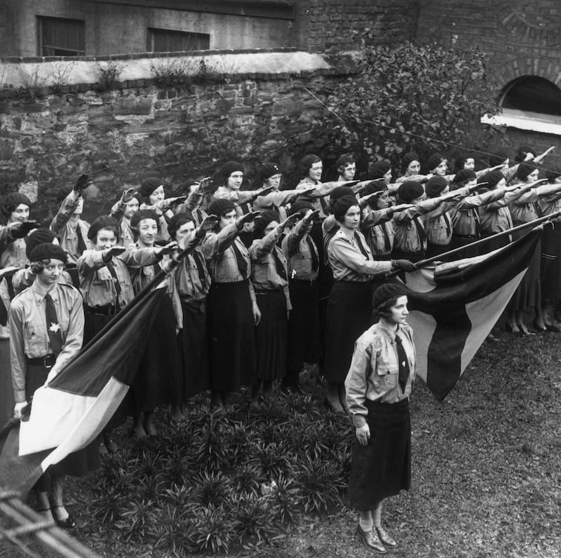 Blueshirts: members of the United Ireland Party give a fascist salute during a parade at their headquarters, on Merrion Square in Dublin. Photograph: Keystone/Getty
