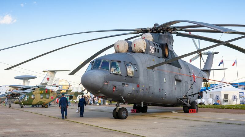 The Russian heavy transport helicopter Mil Mi-26. It is the largest and most powerful helicopter in the world