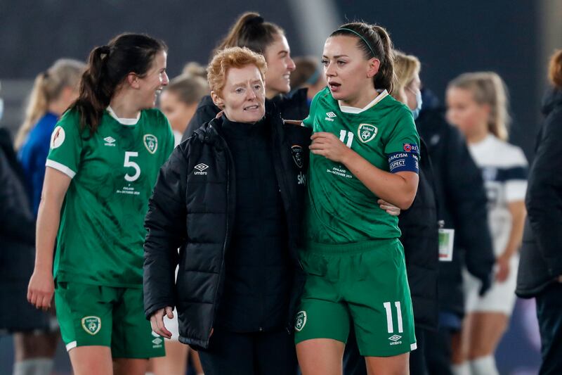 2023 FIFA Women's World Cup Qualifier Group A, Helsinki Olympic Stadium, Finland 26/10/2021
Finland vs Republic of Ireland
Ireland Assistant Manager Eileen Gleeson after the game with Katie McCabe 
Mandatory Credit ©INPHO/Kalle Parkkinen
