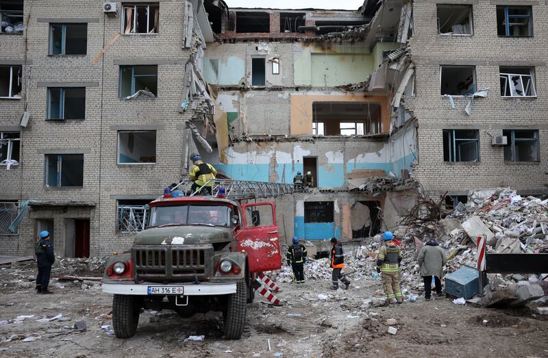Rescuers clear debris at a hospital in Selydove, in the Donetsk region of Ukraine on Wednesday after it was hit by a Russian missile strike earlier in the week. Photograph: Anatolii Stepanov/AFP via Getty