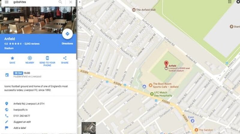 The term ‘gobshites’ takes Google Maps users to Anfield. Photograph: Google Maps