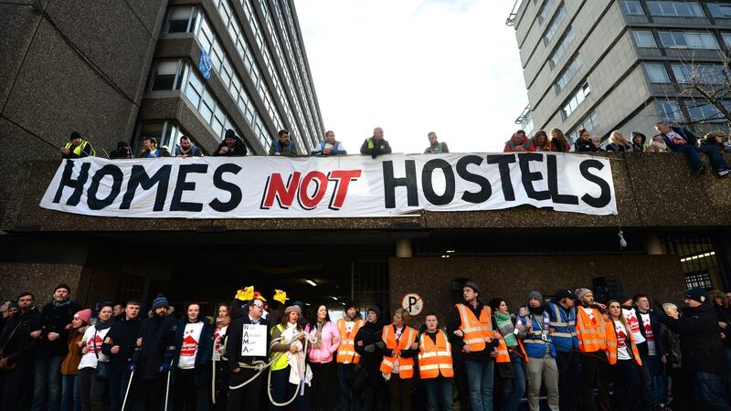 Human chain formed around Apollo House on January 11th by volunteers and supporters, while the High Court hearing was taking place. Photograph: Dara Mac Dónaill /The Irish Times
