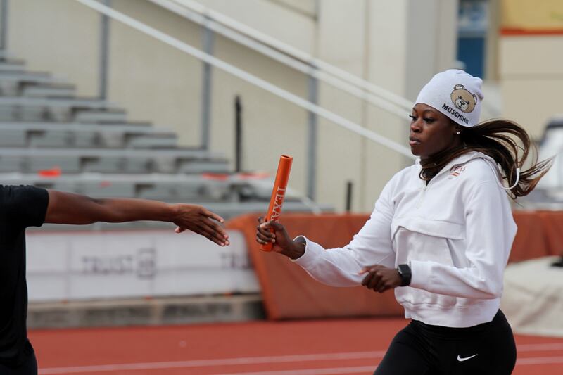 Stick, stick, stick: Rhasidat Adeleke doesn't fluff her lines during relay rehearsals at college. Photograph: Darragh Bambrick