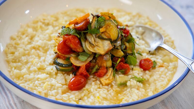 Fennel risotto with roasted vegetable salsa verde. Photograph: Patrick Browne