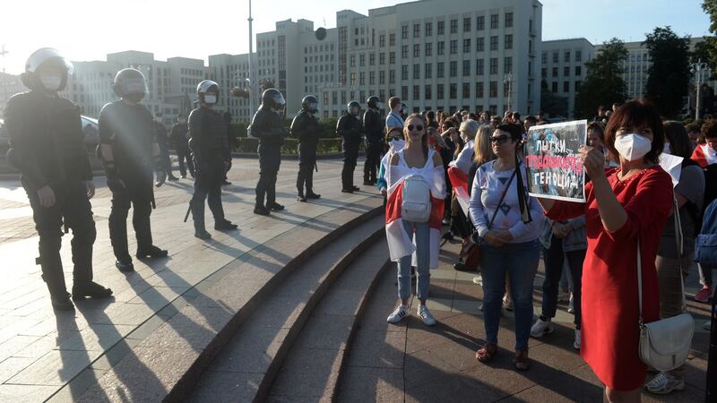 Belarusian women take part in a women’s demonstration across Minsk. Opposition activists continue their daily protest actions, demanding new elections under international observation. Photograph: EPA/Stringer