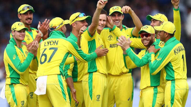Jason Behrendorff of Australia holds up the ball after taking five wickets for 44 runs against England. Photograph: Michael Steele/Getty Images