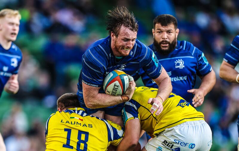 Leinster’s Ryan Baird is tackled by Zebre's Ion Neculai. Photograph: Billy Stickland/Inpho