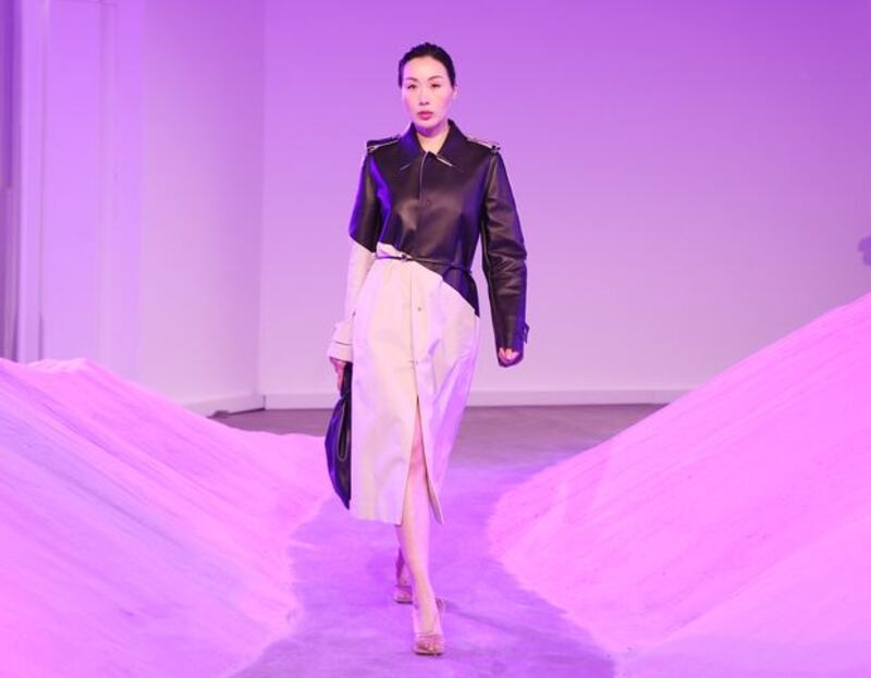 A two-tone trenchcoat from Bottega Veneta at the Brown Thomas Spring/Summer collection