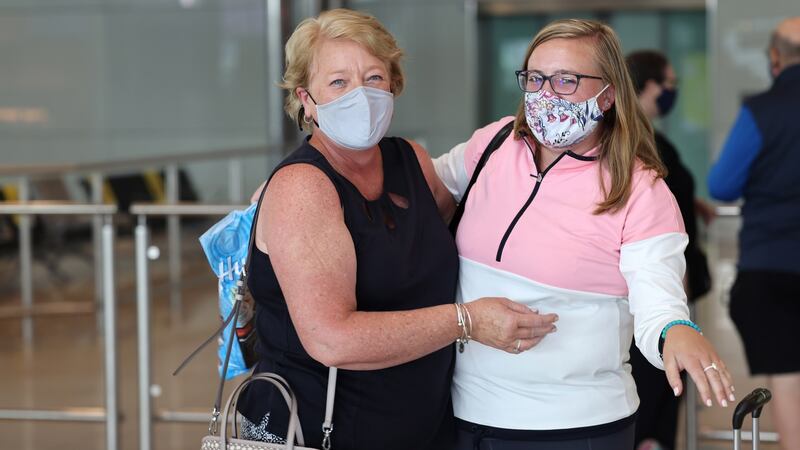 Mary Connolly meeting her daughter Kaitlyn, who has arrived from Virginia. Photograph: Dara Mac Dónaill