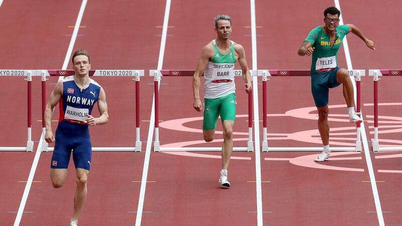 Norway’s Karsten Warholm leads Thomas Barr. Photo: Bryan Keane/Inpho