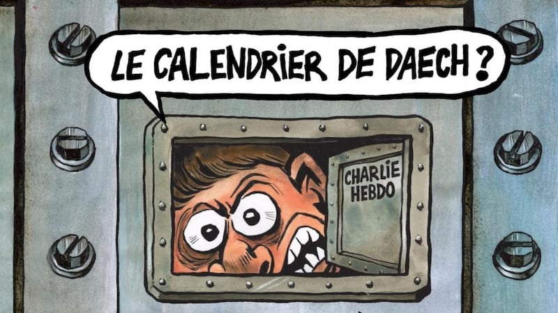 The cover of Charlie Hebdo’s first issue of 2018 features a cartoon in which a fearful face peers through a peephole in a bolted steel door. “The Islamic State calendar?” the character asks, referring to the French tradition of selling new-year calendars door to door.