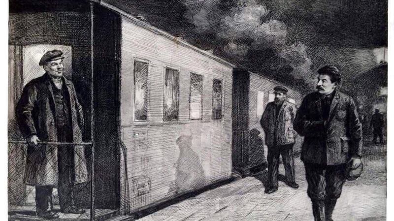 A postcard from Soviet days depicting Stalin and Sergei Alliluyev putting Lenin on the train in July 1917.