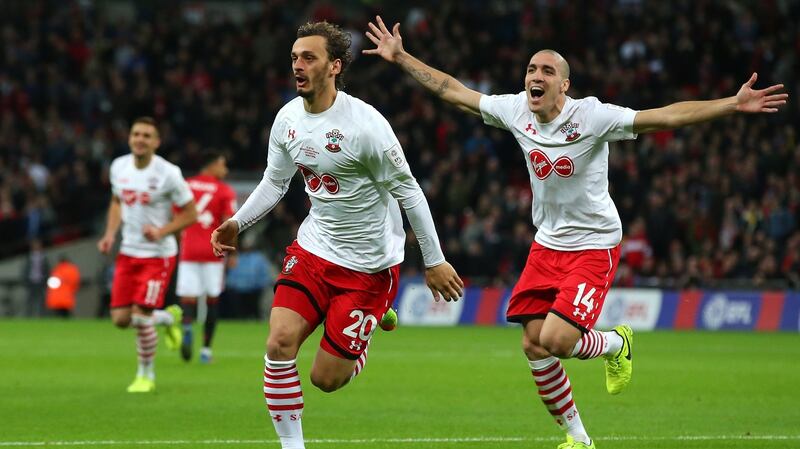 Manolo Gabbiadini celebrates scoring Southampton’s second goal  during the League  Cup final against Manchester United  at Wembley Stadium in February 2017. Photograph: Alex Livesey/Getty Images