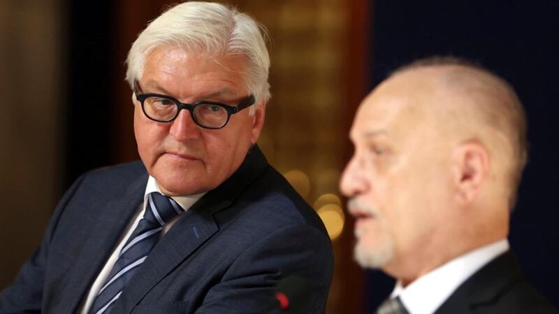 Germany’s foreign minister Frank-Walter Steinmeier (left) listens as Iraq’s acting foreign minister Hussain al-Shahristani speaks during their joint news conference in Baghdad today. Mr Steinmeier arrived in Baghdad today for talks with Iraqi officials on what could be done to help the country in its fight against insurgents of the Islamic State. Photograph: Reuters