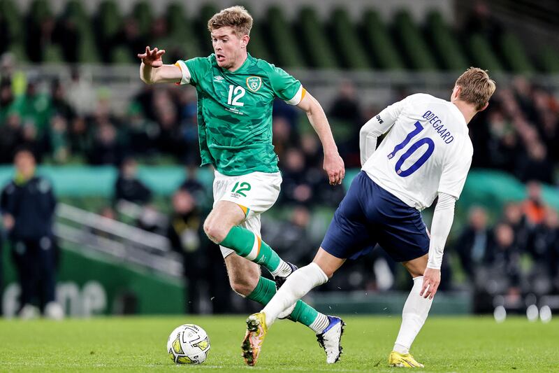 Ireland's Nathan Collins and Martin Odegaard of Norway during a friendly match at the Aviva Stadium. Collins scored a magnificent goal against Ukraine, which prompted Ken Early to compare him to Luis Suárez. Photograph: Laszlo Geczo/INPHO
