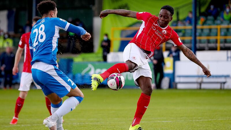 Sligo Rovers’ Romeo Parkes scores the opening goal  in the SSE Airtricity League Premier Division match against Finn Harps at  Finn Park in Ballybofey. Photograph: Tommy Dickson/Inpho
