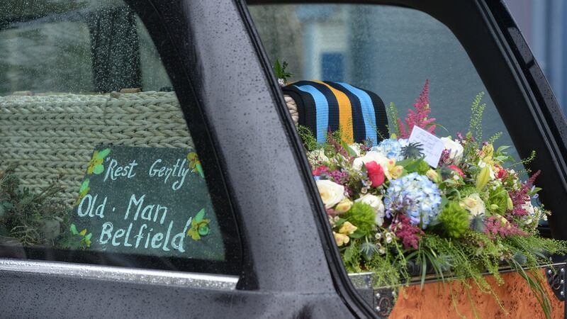 A sign saying ‘rest gently Old Man Belfield’ is seen following the funeral Mass for Michael Byrne, a homeless man who lived on the UCD campus in Dublin for decades. Photograph: Dara Mac Donaill/The Irish Times.